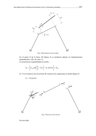 Juan Miquel Canet. Problemas de Estructuras. Cap 11: Estructuras reticuladas 682 
Fig. 4 Movimientos de los nudos 
En el punto B de la barra AB (figura 4) se producirá además un desplazamiento 
perpendicular a AB y de valor 2  . 
La ecuación de compatibilidad se escribe: 
 
 
 
    2  
cos 2 
cos 2 1 
   
AB BC    
 
   
 
2 
Si N es el esfuerzo axil en la barra BC (esfuerzo de compresión) se tendrá (figura 5) 
cos 2 1 F  N 
Fig. 5 Fuerzas en las barras 
Por otro lado: 
 