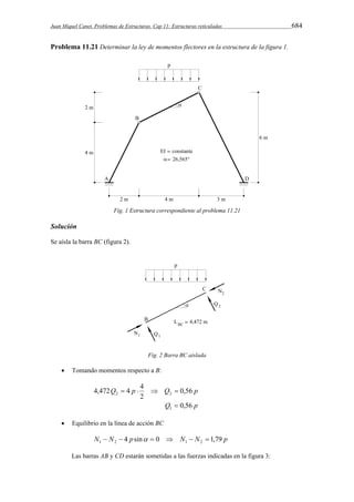 Juan Miquel Canet. Problemas de Estructuras. Cap 11: Estructuras reticuladas 684 
Problema 11.21 Determinar la ley de momentos flectores en la estructura de la figura 1. 
Fig. 1 Estructura correspondiente al problema 11.21 
Solución 
Se aísla la barra BC (figura 2). 
Fig. 2 Barra BC aislada 
 Tomando momentos respecto a B: 
4,472 4 4 
Q  p   Q  
0,56 
p 
2 2 
Q 0,56 
p 
2 
1 
 
 Equilibrio en la línea de acción BC 
N N 4 p sin 0 N N 1,79 p 1 2 1 2        
Las barras AB y CD estarán sometidas a las fuerzas indicadas en la figura 3: 
 