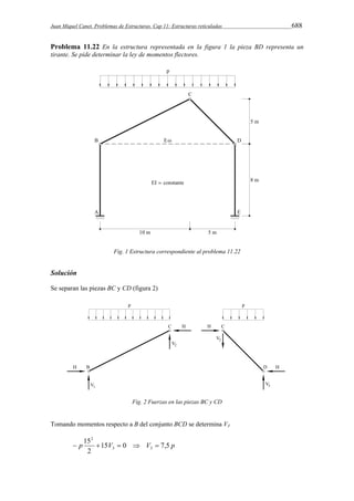 Juan Miquel Canet. Problemas de Estructuras. Cap 11: Estructuras reticuladas 688 
Problema 11.22 En la estructura representada en la figura 1 la pieza BD representa un 
tirante. Se pide determinar la ley de momentos flectores. 
Fig. 1 Estructura correspondiente al problema 11.22 
Solución 
Se separan las piezas BC y CD (figura 2) 
Fig. 2 Fuerzas en las piezas BC y CD 
Tomando momentos respecto a B del conjunto BCD se determina V3 
15 
p 15V 0 V 7,5 p 
2 
3 3 
2 
     
 