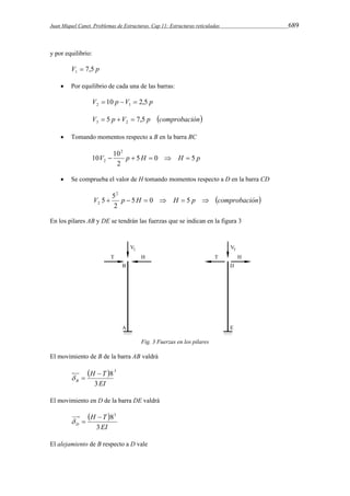 Juan Miquel Canet. Problemas de Estructuras. Cap 11: Estructuras reticuladas 689 
y por equilibrio: 
V 7,5 p 1  
 Por equilibrio de cada una de las barras: 
V 10 p V 2,5 p 2 1    
V 5 p V 7,5 p comprobación 3 2    
 Tomando momentos respecto a B en la barra BC 
10 10 
V p 5H 0 H 5 p 
2 
2 
2      
 Se comprueba el valor de H tomando momentos respecto a D en la barra CD 
5 5 
2 
V  p  5H  0  H  5 p  comprobación 
2 
2 
En los pilares AB y DE se tendrán las fuerzas que se indican en la figura 3 
Fig. 3 Fuerzas en los pilares 
El movimiento de B de la barra AB valdrá 
 H T 
 8 
3 
3 
EI 
B 
 
  
El movimiento en D de la barra DE valdrá 
  
 83 
H T 
EI 
  
D 3 
El alejamiento de B respecto a D vale 
 