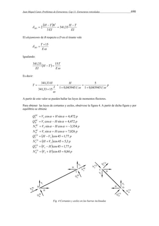 Juan Miquel Canet. Problemas de Estructuras. Cap 11: Estructuras reticuladas 690 
  
H T 
EI 
H T 
2 8 
EI 
BD 
 
 
 
 341,33 
3 
3 
 
El alejamiento de B respecto a D en el tirante vale 
 
 
T 
E 
BD 
15 
 
Igualando: 
H T T 
341,33   15 
  
E 
EI 
Es decir: 
p 
5 
I I 
H 
I 
T H 
  
 
1 0,043945 
341,33 
341,33 15 1 0,043945 
 
 
 
 
 
 
A partir de este valor se pueden hallar las leyes de momentos flectores. 
Para obtener las leyes de cortantes y axiles, obsérvese la figura 4. A partir de dicha figura y por 
equilibrio se obtiene 
QBC V H p 
C cos sin 4,472 2      
QBC V H p 
B cos sin 4,472 1      
N BC V H p 
C sin cos 3,354 2       
N BC V H p 
B sin cos 7,826 1      
QCD H V  p 
C cos 45 1,77 2    
NCD H V  p 
C cos 45 5,3 2    
QCD V H p 
D cos 45 1,77 3    
NCD V H p 
D cos 45 8,84 3    
Fig. 4 Cortantes y axiles en las barras inclinadas 
 