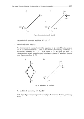 Juan Miquel Canet. Problemas de Estructuras. Cap 11: Estructuras reticuladas 693 
Fig. 3 Comportamiento de la viga CD 
Por equilibrio de momentos se obtiene H  1,375F 
 Análisis de la parte simétrica 
Por simetría respecto a un eje horizontal y respecto a un eje vertical los giros en cada 
uno de los vértices serán nulos. Además, el movimiento vertical de A y D será igual al 
movimiento horizontal de C y C’ (ver figura 4 a)). Al igual que antes, el 
comportamiento de cada una de las cuatro barras será el mismo. En la figura 4 b) puede 
verse el comportamiento de CD. 
Fig4 a) Deformada. b) Barra CD 
Por equilibrio de momentos, M' 0,375F 
En la figura 5 pueden verse representadas las leyes de momentos flectores, cortantes y 
axiles. 
 