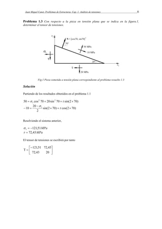 Juan Miquel Canet. Problemas de Estructuras. Cap. 1: Análisis de tensiones 6 
Problema 1.3 Con respecto a la pieza en tensión plana que se indica en la figura.1, 
determinar el tensor de tensiones. 
Fig.1 Pieza sometida a tensión plana correspondiente al problema resuelto 1.3 
Solución 
Partiendo de los resultados obtenidos en el problema 1.1 
50 cos2 70 20sin2 70 sin(2 70) 
1     
10 20 1    
sin(2 70) cos(2 70) 
 
   
2 
 
Resolviendo el sistema anterior, 
121,51MPa 1    
  72,43MPa 
El tensor de tensiones se escribirá por tanto 
121,51 72,43 
 
 
 
 
  
72,43 20 
 