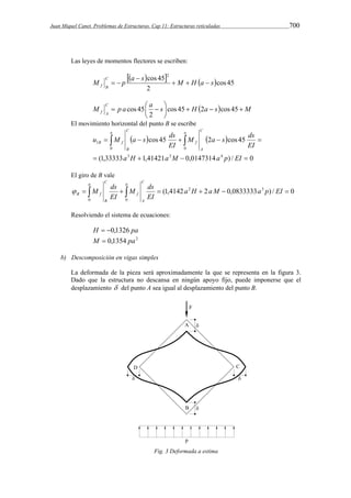 Juan Miquel Canet. Problemas de Estructuras. Cap 11: Estructuras reticuladas 700 
Las leyes de momentos flectores se escriben: 
  cos 45  2 
  cos 45 
M p a s M H a s C 
f B    
2 
 
  
M C 
 p a  a  s  
cos 45 H  2 a s cos 45 
M f A     
 
2 
cos 45 
El movimiento horizontal del punto B se escribe 
C 
M a s ds 
C 
a 
u M a s ds 
a 
    
   cos 45   2  cos 45 
 
f 
B f 
1 
EI 
0 B 
0 
A 
 3  2  4 
 
a H a M a p EI 
EI 
(1,33333 1,41421 0,0147314 ) / 0 
El giro de B vale 
M ds 
M ds 
     a H  aM  a p EI  
(1,4142 2 2 0,0833333 3 ) / 0 
0 0 
EI 
EI 
C 
A 
a 
f 
C 
B 
a 
B f  
Resolviendo el sistema de ecuaciones: 
H  0,1326 pa 
M  0,1354 pa2 
b) Descomposición en vigas simples 
La deformada de la pieza será aproximadamente la que se representa en la figura 3. 
Dado que la estructura no descansa en ningún apoyo fijo, puede imponerse que el 
desplazamiento  del punto A sea igual al desplazamiento del punto B. 
Fig. 3 Deformada a estima 
 