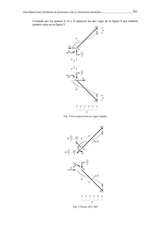 Juan Miquel Canet. Problemas de Estructuras. Cap 11: Estructuras reticuladas 701 
Cortando por los puntos A, D y B aparecen las dos vigas de la figura 4 que también 
pueden verse en la figura 5. 
Fig. 4 Descomposición en vigas simples 
Fig. 5 Piezas AD y BD 
 