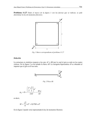 Juan Miquel Canet. Problemas de Estructuras. Cap 11: Estructuras reticuladas 704 
Problema 11.27 Dado el marco de la figura 1 con las fuerzas que se indican, se pide 
determinar la ley de momentos flectores. 
Fig. 1 Marco correspondiente al problema 11.27 
Solución 
La estructura es simétrica respecto a los ejes AC y BD por lo cual el giro es nulo en los cuatro 
vértices. En la figura 2 se ha aislado la barra AB. La incógnita hiperestática M se obtendrá al 
imponer que el giro en B sea nulo. 
Fig. 2 Pieza AB 
M a 
EI 
 
F a 
 
2 
B  
EI 
  
 
  
 
  
2 
2 
2 
0 
2 
 
es decir, 
 2  
M a F 0,1768 a F 
8 
En la figura 3 puede verse representada la ley de momentos flectores 
 