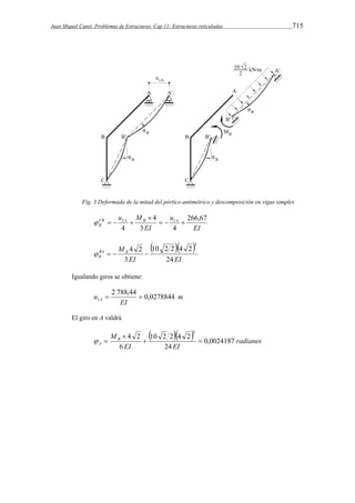 Juan Miquel Canet. Problemas de Estructuras. Cap 11: Estructuras reticuladas 715 
Fig. 3 Deformada de la mitad del pórtico antimétrico y descomposición en vigas simples 
EI 
CB u M u 
A B A 
B 
1   1  
EI 
266,67 
4 
3 4 
4 
 
    
 10 2 2  4 2 
 
MBA B 
B 24 
EI EI 
3 
4 2 3 
    
Igualando giros se obtiene: 
m 
u A 2 788,44 0,0278844 
1   
EI 
El giro en A valdrá 
 10 2 2  4 2 
 radianes 
EI EI 
MB 
A 0,0024187 
24 
6 
4 2 3 
  
 
  
 