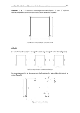 Juan Miquel Canet. Problemas de Estructuras. Cap 11: Estructuras reticuladas 727 
Problema 11.36 En la estructura que se representa en la figura 1, la barra DC sufre un 
incremento térmico de valor t. Hallar las leyes de momentos flectores 
Fig.1 Pórtico correspondiente al problema 11.36 
Solución 
La estructura se descompone en su parte simétrica y en su parte antimétrica (figura 2) 
Fig.2 Descomposición en simétrico y antimétrico 
La estructura simétrica no tiene esfuerzos. De la antimétrica se considera únicamente la 
mitad (figura 3) 
Fig.3 Estructura antimétrica 
 