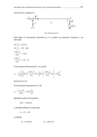 Juan Miquel Canet. Problemas de Estructuras. Cap 11: Estructuras reticuladas 730 
Subestructura I (figura 3): 
Fig.3 Subestructura I 
Para hallar el movimiento horizontal en C se hallan los momentos flectores y sus 
derivadas: 
1 B 0,2 
f A M   F s 
  1 2 F s M CB 
f    
s 
M B 
f A 0,2 
1 
F 
  
 
 
 s 
M C 
f B    
 
F 
 
2 
1 
El movimiento horizontal de C se escribe 
 
ds F 
E I 
M 
 
1  16 
F 
ds M 
M 
F 
M 
E I 
u 
C 
B f CB 
f 
B 
B f A 
C f A 
1 
10 
0 
2 
1 0 1 
  
 
  
 
 
 
 
 
 
   
Subestructura II: 
El movimiento horizontal de C vale 
F 
E I 
4  
 
E I 
u F C 
2 
3 
2 21,33 
3 
 
Igualando ambos movimientos: 
1 2 16 F  21,33F 
y teniendo además en cuenta que 
20 1 2 F  F  
se obtiene 
F 11,43k N 1  F 8,57 k N 2  
 