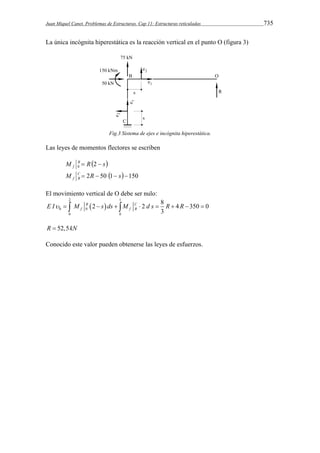 Juan Miquel Canet. Problemas de Estructuras. Cap 11: Estructuras reticuladas 735 
La única incógnita hiperestática es la reacción vertical en el punto O (figura 3) 
Fig.3 Sistema de ejes e incógnita hiperestática. 
Las leyes de momentos flectores se escriben 
M B R s 
f  2  0 
M C  2R  50 1 s150 
f B 
El movimiento vertical de O debe ser nulo: 
2 1 
2 2 8 4 350 0 
  
E I   M  s ds  M  d s  R  R   
0 f 0 
fB 0 0 
3 
B C 
R  52,5kN 
Conocido este valor pueden obtenerse las leyes de esfuerzos. 
 