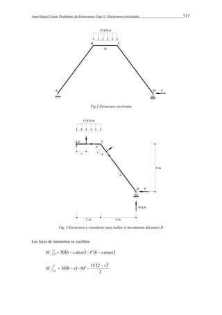 Juan Miquel Canet. Problemas de Estructuras. Cap 11: Estructuras reticuladas 737 
Fig.2 Estructura sin tirante 
Fig. 3 Estructura a considerar para hallar el movimiento del punto D 
Las leyes de momentos se escriben: 
M C 306 s sin  F 6 s cos  
f D     
    
s 2 M s F C 
30 8 8 15 2 
2 
f H 
 
    
 