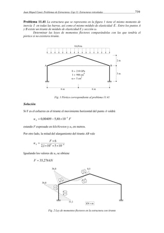 Juan Miquel Canet. Problemas de Estructuras. Cap 11: Estructuras reticuladas 739 
Problema 11.41 La estructura que se representa en la figura 1 tiene el mismo momento de 
inercia I en todas las barras, así como el mismo módulo de elasticidad E . Entre los puntos A 
y B existe un tirante de módulo de elasticidad E y sección ω. 
Determinar las leyes de momentos flectores comparándolas con las que tendría el 
pórtico si no existiera tirante. 
Fig. 1 Pórtico correspondiente al problema 11.41 
Solución 
Si F es el esfuerzo en el tirante el movimiento horizontal del punto A valdrá 
 0,00409  5,88105 
u F A 
estando F expresado en kiloNewton y uA en metros. 
Por otro lado, la mitad del alargamiento del tirante AB vale 
6 
 
u  F A 
    
2,1 108 5 10 4 
Igualando los valores de uA se obtiene 
F  35,276kN 
Fig. 2 Ley de momentos flectores en la estructura con tirante 
 