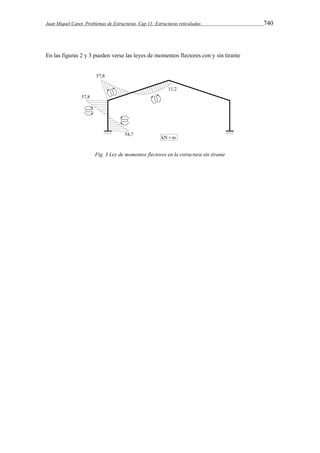 Juan Miquel Canet. Problemas de Estructuras. Cap 11: Estructuras reticuladas 740 
En las figuras 2 y 3 pueden verse las leyes de momentos flectores con y sin tirante 
Fig. 3 Ley de momentos flectores en la estructura sin tirante 
 