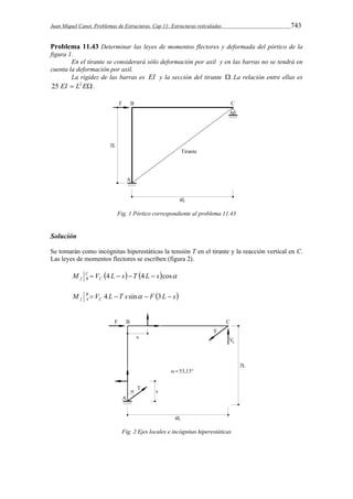 Juan Miquel Canet. Problemas de Estructuras. Cap 11: Estructuras reticuladas 743 
Problema 11.43 Determinar las leyes de momentos flectores y deformada del pórtico de la 
figura 1. 
En el tirante se considerará sólo deformación por axil y en las barras no se tendrá en 
cuenta la deformación por axil. 
La rigidez de las barras es EI y la sección del tirante  .La relación entre ellas es 
25 EI  L2E . 
Fig. 1 Pórtico correspondiente al problema 11.43 
Solución 
Se tomarán como incógnitas hiperestáticas la tensión T en el tirante y la reacción vertical en C. 
Las leyes de momentos flectores se escriben (figura 2). 
M C 
 V 4 L  s  T 4 L  
scos f B C 
M B 
 V 4 L  T s sin  F  3 L  
s f A C 
Fig. 2 Ejes locales e incógnitas hiperestáticas 
 