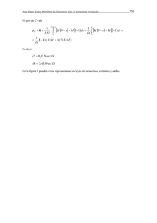 Juan Miquel Canet. Problemas de Estructuras. Cap 11: Estructuras reticuladas 750 
El giro de C vale 
9 1 1 9 1 
 
          
0 1 
            
 H M 
EI 
H s M ds 
EI 
H s M ds 
 
C 2 
EI 
1 43,111 10,7433 
3 sin 
0 
6 
0 
   
Es decir: 
H  0,1136 t EI 
M  0,4559 t EI 
En la figura 3 pueden verse representadas las leyes de momentos, cortantes y axiles. 
 