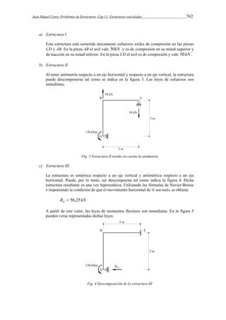 Juan Miquel Canet. Problemas de Estructuras. Cap 11: Estructuras reticuladas 762 
a) Estructura I 
Esta estructura está sometida únicamente esfuerzos axiles de compresión en las piezas 
CD y AB. En la pieza AB el axil vale 50kN y es de compresión en su mitad superior y 
de tracción en su mitad inferior. En la pieza CD el axil es de compresión y vale 50kN . 
b) Estructura II 
Al tener antimetría respecto a un eje horizontal y respecto a un eje vertical, la estructura 
puede descomponerse tal como se indica en la figura 3. Las leyes de esfuerzos son 
inmediatas. 
Fig. 3 Estructura II tenida en cuenta la antimetría 
c) Estructura III 
La estructura es simétrica respecto a un eje vertical y antimétrica respecto a un eje 
horizontal. Puede, por lo tanto, ser descompuesta tal como indica la figura 4. Dicha 
estructura resultante es una vez hiperestática. Utilizando las fórmulas de Navier-Bresse 
e imponiendo la condición de que el movimiento horizontal de G sea nulo, se obtiene 
R kN G  56,25 
A partir de este valor, las leyes de momentos flectores son inmediatas. En la figura 5 
pueden verse representadas dichas leyes. 
Fig. 4 Descomposición de la estructura III 
 