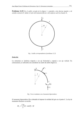 Juan Miquel Canet. Problemas de Estructuras. Cap 11: Estructuras reticuladas 771 
Problema 11.53 En el anillo cerrado de la figura 1, sometido a dos fuerzas iguales y de 
sentido contrario F, hallar el valor del momento flector y del esfuerzo axil en el punto A. 
Fig. 1 Anillo correspondiente al problema 11.53 
Solución 
La estructura es simétrica respecto a un eje horizontal y repecto a un eje vertical. En 
consecuencia, es suficiente con considerar un cuarto de anillo (figura 2). 
Fig. 2 Arco resultante con el momento hiperestático 
El momento hiperestático M se obtendrá al imponer la nulidad del giro en el punto C. La ley de 
momentos flectores se escribe 
M  F R   M 
1 sin  
f 2 
 