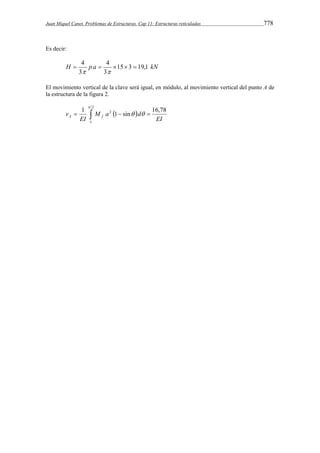 Juan Miquel Canet. Problemas de Estructuras. Cap 11: Estructuras reticuladas 778 
Es decir: 
 4  4 
   
H p a 15 3 19,1 kN 
3 
3 
  
El movimiento vertical de la clave será igual, en módulo, al movimiento vertical del punto A de 
la estructura de la figura 2. 
2 
1 2 1 sin 16,78  
       
 
A f EI 
o 
M a d 
EI 
v 
 