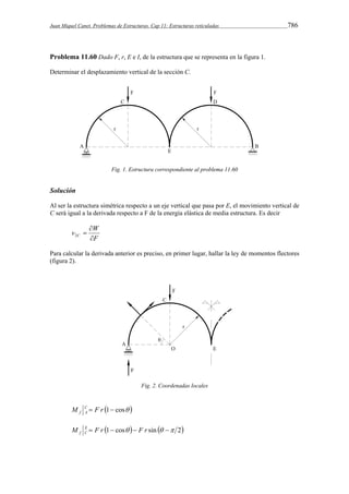 Juan Miquel Canet. Problemas de Estructuras. Cap 11: Estructuras reticuladas 786 
Problema 11.60 Dado F, r, E e I, de la estructura que se representa en la figura 1. 
Determinar el desplazamiento vertical de la sección C. 
Fig. 1. Estructura correspondiente al problema 11.60 
Solución 
Al ser la estructura simétrica respecto a un eje vertical que pasa por E, el movimiento vertical de 
C será igual a la derivada respecto a F de la energía elástica de media estructura. Es decir 
v W C  
F 
 
 2 
Para calcular la derivada anterior es preciso, en primer lugar, hallar la ley de momentos flectores 
(figura 2). 
Fig. 2. Coordenadas locales 
M C  F r 1 cos  
f A 
    2 sin cos 1        r F r F M EC 
f 
 