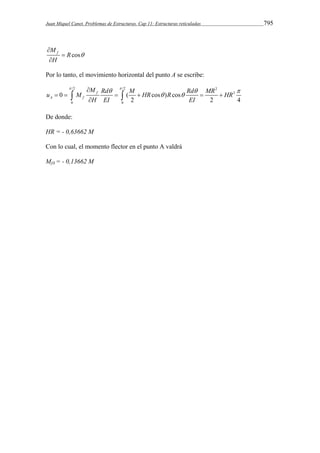 Juan Miquel Canet. Problemas de Estructuras. Cap 11: Estructuras reticuladas 795 
f cos M 
R 
H 
 
 
 
 
Por lo tanto, el movimiento horizontal del punto A se escribe: 
/2 M Rd /2 M Rd MR 2 
u M HR R HR 
     
3 
   
0 ( cos ) cos 
0 0 
  
2 2 4 
f 
A f 
H EI EI 
 
      
De donde: 
HR = - 0,63662 M 
Con lo cual, el momento flector en el punto A valdrá 
MfA = - 0,13662 M 
 