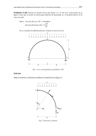 Juan Miquel Canet. Problemas de Estructuras. Cap 11: Estructuras reticuladas 802 
Problema 11.68 Calcular la tensión inicial del tirante A  A' del arco semicircular de la 
figura 1 para que al actuar la sobrecarga uniforme de intensidad p , el momento flector en la 
clave sea nulo. 
Datos: - Sección del arco EI  cons tan te 
E  EI 
-Sección del tirante 2 3 
R 
No se considera la deformación por cortante ni axil en el arco. 
Fig. 1. Arco correspondiente al problema 11.68 
Solución 
Dada la simetría es suficiente considerar la mitad del arco (figura 2) 
Fig. 2. Estructura a analizar 
 