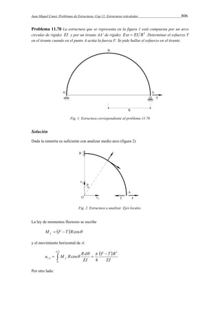 Juan Miquel Canet. Problemas de Estructuras. Cap 11: Estructuras reticuladas 806 
Problema 11.70 La estructura que se representa en la figura 1 está compuesta por un arco 
circular de rigidez EI y por un tirante AA’ de rigidez E  EI R2 .Determinar el esfuerzo T 
en el tirante cuando en el punto A actúa la fuerza F. Se pide hallar el esfuerzo en el tirante. 
Fig. 1. Estructura correspondiente al problema 11.70 
Solución 
Dada la simetría es suficiente con analizar medio arco (figura 2) 
Fig. 2. Estructura a analizar. Ejes locales. 
La ley de momentos flectores se escribe 
M F T Rcos f   
y el movimiento horizontal de A: 
  
 2 
  
F T R 
u M R R d A f 
  
cos 
  
0 
3 
 
1 4 
EI 
EI 
Por otro lado: 
 