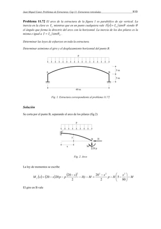 Juan Miquel Canet. Problemas de Estructuras. Cap 11: Estructuras reticuladas 810 
Problema 11.72 El arco de la estructura de la figura 1 es parabólico de eje vertical. La 
inercia en la clave es Io mientras que en un punto cualquiera vale   cos o I s  I siendo  
el ángulo que forma la directriz del arco con la horizontal. La inercia de los dos pilares es la 
misma e igual a o A I  I cos . 
Determinar las leyes de esfuerzos en toda la estructura. 
Determinar asimismo el giro y el desplazamiento horizontal del punto B. 
Fig. 1. Estructura correspondiente al problema 11.72 
Solución 
Se corta por el punto B, separando el arco de los pilares (fig.2) 
Fig. 2. Arco 
La ley de momentos se escribe 
 
      x  x  
 
M x x p p Hy M p H x  M f   
  
 
   
 
   
80 
5 
2 
20 
2 
20 20 20 
2 2 2 2 
El giro en B vale 
 