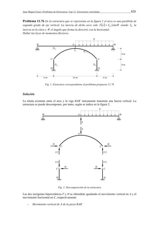 Juan Miquel Canet. Problemas de Estructuras. Cap 11: Estructuras reticuladas 820 
Problema 11.76 En la estructura que se representa en la figura 1 el arco es una parábola de 
segundo grado de eje vertical. La inercia de dicho arco vale   cos 0 I s  I siendo 0 I la 
inercia en la clave y  el ángulo que forma la directriz con la horizontal. 
Hallar las leyes de momentos flectores. 
Fig. 1. Estructura correspondiente al problema propuesto 11.76 
Solución 
La rótula existente entre el arco y la viga BAB’ únicamente transmite una fuerza vertical. La 
estructura se puede descomponer, por tanto, según se indica en la figura 2. 
Fig. 2. Descomposición de la estructura 
Las dos incógnitas hiperestáticas F y H se obtendrán igualando el movimiento vertical en A y el 
movimiento horizontal en C, respectivamente 
- Movimiento vertical de A de la pieza BAB’ 
 