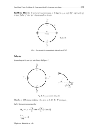 Juan Miquel Canet. Problemas de Estructuras. Cap 11: Estructuras reticuladas 834 
Problema 11.82 En la estructura representada en la figura 1, la recta BB’ representa un 
tirante. Hallar el valor del esfuerzo en dicho tirante. 
Fig. 1. Estructura correspondiente al problema 11.82 
Solución 
Se sustituye el tirante por una fuerza T (figura 2) 
Fig. 2. Descomposición del anillo 
El anillo es doblemente simétrico y los giros en A, A’, B y B’ son nulos. 
La ley de momentos se escribe 
M  M  T R  F R  f 
 1 cos  
2 
sin 
2 
 1 
M f 
 
 
M 
El giro en B es nulo, y vale: 
 