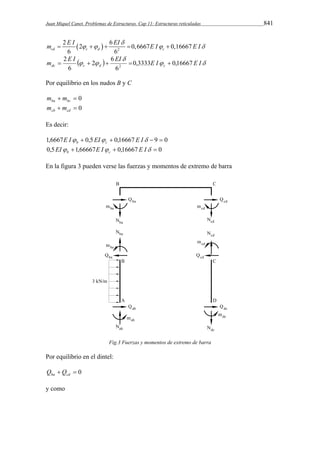 Juan Miquel Canet. Problemas de Estructuras. Cap 11: Estructuras reticuladas 841 
m 2 E I 2 6 EI 0,6667 E I 0,16667 
E I 
  2 
 
        
cd 6 c d 6 c 
 
m E I   EI 0,3333 E I 0,16667 
E I dc c d c     
6 
2 6 
6 
2 
2      
Por equilibrio en los nudos B y C 
  0 ba bc m m 
  0 cb cd m m 
Es decir: 
1,6667E I  0,5EI  0,16667 E I  9  0 b c 
0,5EI 1,66667E I  0,16667 E I  0 b c 
En la figura 3 pueden verse las fuerzas y momentos de extremo de barra 
Fig.3 Fuerzas y momentos de extremo de barra 
Por equilibrio en el dintel: 
  0 ba cd Q Q 
y como 
 