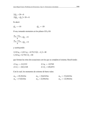 Juan Miquel Canet. Problemas de Estructuras. Cap 11: Estructuras reticuladas 846 
2  20  0 cb Q 
2   20  0 ba bc Q Q 
Es decir: 
 10 bc Q  20 ba Q 
O sea, tomando momentos en los pilares CB y BA 
0 
bc cb Q 
4 
  
 
bc 
m m 
0 
ba ab Q 
4 
  
 
ba 
m m 
y sustituyendo: 
1,5 1,5 0,75   40 1 2 EI  E I  E I    b c 
2 1,5 0, 75 80 b EI  E I  
que forman las otras dos ecuaciones con las que se completa el sistema. Resolviendo: 
 21,5153 b E I  9,5769 c E I 
265,2148 1 E I   149,6972 2 E I  
Con lo cual, los momentos de extremo de barra valen: 
m kNm ab  45,38 m kNm ba  34,62 m kNm be  51,64 
m kNm bc  17,02 m kNm cb  22,98 m kNm cd  22,98 
 