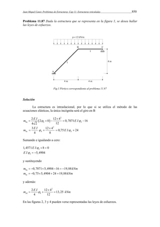 Juan Miquel Canet. Problemas de Estructuras. Cap 11: Estructuras reticuladas 850 
Problema 11.87 Dada la estructura que se representa en la figura 1, se desea hallar 
las leyes de esfuerzos. 
Fig.1 Pórtico correspondiente al problema 11.87 
Solución 
La estructura es intraslacional, por lo que si se utiliza el método de las 
ecuaciones elásticas, la única incógnita será el giro en B 
2 12 42 2 0 0,7071 16 
4 2 12 ba b b 
m E I  E I 
  
 
     
  bc b b m E I  E I 
0,75 24 
3 2 
12 4 
8 
4 
  
 
Sumando e igualando a cero: 
1,4571 8 0 b E I   
5,4904 b E I   
y sustituyendo 
0,7071 5,4904 16 19,88 bam       kNm 
0,75 5,4904 24 19,88 bcm      kNm 
y además: 
2 12 42 13,25 
m  E I  
   
kNm 
ab 4 b 12 
En las figuras 2, 3 y 4 pueden verse representadas las leyes de esfuerzos. 
 