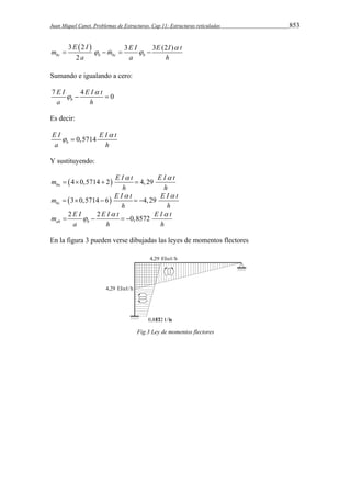 Juan Miquel Canet. Problemas de Estructuras. Cap 11: Estructuras reticuladas 853 
3 2  3 3 (2 ) 
E I E I E I t m m 
bc 2 b bc b 
a a h 
 
       
Sumando e igualando a cero: 
7 4 0 b 
E I E I  
t 
a h 
   
Es decir: 
EI  
  
0,5714 EI t 
a b 
h 
Y sustituyendo: 
m E I  t E I  
t 
4 0,5714 2 4,29 ba 
    
3 0,5714 6 4,29 bc 
h h 
m E I  t E I  
t 
     
2 2 0,8572 ab b 
h h 
  
m  E I   E I t   
E I t 
a h h 
En la figura 3 pueden verse dibujadas las leyes de momentos flectores 
Fig.3 Ley de momentos flectores 
 