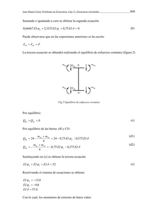 Juan Miquel Canet. Problemas de Estructuras. Cap 11: Estructuras reticuladas 860 
Sumando e igualando a cero se obtiene la segunda ecuación 
0,66667 EI  3,3333EI  0,75EI  0 a c (b) 
Puede observarse que en las expresiones anteriores se ha escrito 
   ab cd 
La tercera ecuación se obtendrá realizando el equilibrio de esfuerzos cortantes (figura 2) 
Fig.2 Equilibrio de esfuerzos cortantes 
Por equilibrio: 
  0 ba dc Q Q (c) 
Por equilibrio de las barras AB y CD: 
EI EI 
m  
m 
Q ab ba 
a 
ba 24  24  0,75  
0,375 
4 
  
(d1) 
EI EI 
m m 
Q dc cd 
c 
dc 0,75 0,375 
4 
   
 
  
(d2) 
Sustituyendo en (c) se obtiene la tercera ecuación 
EI  EI  EI  32 a c (e) 
Resolviendo el sistema de ecuaciones se obtiene: 
 15,8 a EI 
 9,8 c EI 
EI  57,6 
Con lo cual, los momentos de extremo de barra valen: 
 