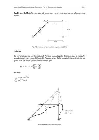 Juan Miquel Canet. Problemas de Estructuras. Cap 11: Estructuras reticuladas 863 
Problema 11.92 Hallar las leyes de momentos en la estructura que se adjunta en la 
figura 1 
Fig.1 Estructura correspondiente al problema 11.92 
Solución 
La estructura es una vez trasnacional. Por otro lado, el centro de rotación de la barra BC 
estará situado en el punto I (figura 2). Además al ser dicha barra infinitamente rígida los 
giros de B y C serán iguales, verificándose que 
CC 
    '  ' 
IC 
BB 
IB 
B C 
Es decir: 
  BB' 4 2 BA 
  CC' 4 CD 
Fig.2 Deformada de la estructura 
 