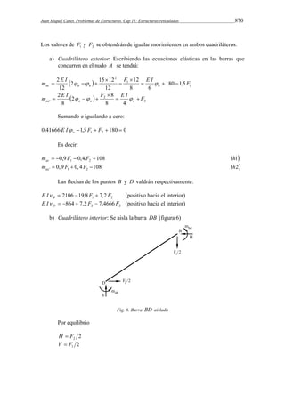 Juan Miquel Canet. Problemas de Estructuras. Cap 11: Estructuras reticuladas 870 
Los valores de 1 F y 2 F se obtendrán de igualar movimientos en ambos cuadriláteros. 
a) Cuadrilátero exterior: Escribiendo las ecuaciones elásticas en las barras que 
concurren en el nudo A se tendrá: 
m 2 E I 2 15 12 
F 12 
 E I   
F ac a a a   1 
1 
2 
180 1,5 
8 6 
12 
12 
 
 
 
     
m 2 E I F 2 8 
 E I  
F aa a a a   2 
2 
' 8 
8 4 
 
     
Sumando e igualando a cero: 
0,41666 1,5 180 0 1 2 E I  F  F   a  
Es decir: 
0,9 0,4 108 1 2 m   F  F  ac h1 
' 1 2 0,9 0,4 108 aam  F  F  h2 
Las flechas de los puntos B y D valdrán respectivamente: 
1 2 E I 2106 19,8F 7,2 F B     (positivo hacia el interior) 
2 2 E I 864 7,2 F 7,4666 F D      (positivo hacia el interior) 
b) Cuadrilátero interior: Se aisla la barra DB (figura 6) 
Fig. 6. Barra BD aislada 
Por equilibrio 
2 2 H  F 
2 1 V  F 
 