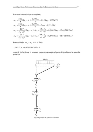 Juan Miquel Canet. Problemas de Estructuras. Cap 11: Estructuras reticuladas 874 
Las ecuaciones elásticas se escriben: 
m E I E I  
  E I E I b 
    
AB 
0,5 0,375 
ab a b 4 
2 6 
4 
2 
2      
m E I E I  
  E I E I b 
  AB 
  
ba b a 0,375 
4 
2 6 
4 
2 
2      
m E I 6 E I  
2 
  m ˆ E I E I b 
2 
2 2 2 2 
    
BC 
0,5963 12 0,2981 
bc b c bc 6 3 
6 3 
   
 
   
 
 
m E I 6 E I  
2 
  m ˆ E I E I b 
2 
2 2 2 2 
    
BC 
0,2982 12 0,2981 
cb c b bc 6 3 
6 3 
   
 
   
 
 
Por equilibrio,   0 ba bc m m , es decir: 
1,5963EI  0,0769E I 12  0 b 
A partir de la figura 3, tomando momentos respecto al punto O se obtiene la segunda 
ecuación 
Fig.3 Equilibrio de esfuerzos cortantes 
 