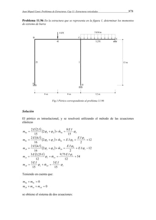 Juan Miquel Canet. Problemas de Estructuras. Cap 11: Estructuras reticuladas 878 
Problema 11.96 En la estructura que se representa en la figura 1, determinar los momentos 
de extremo de barra 
Fig.1 Pórtico correspondiente al problema 11.96 
Solución 
El pórtico es intraslacional, y se resolverá utilizando el método de las ecuaciones 
elásticas 
  ba  b a  ba b 
m  2 E 2 I 2     m ˆ  
8 
E I  
15 
15 
   12 
 2 4     c  
2 
2 ˆ 
bc b c bc b 
16 
E I 
m E I m E I 
 
   
    
12 
 2 4      c 
cb c b cb E I 
2 
2 ˆ 
16 
b 
E I 
m E I   
m  
  
54 
9,75 
 3 3,25   c  
12 
ce c ce 
12 
E I 
m E I m 
 
  
m  3 E I   m   
3 
E I  
cd c cd c 
15 
15 
Teniendo en cuenta que: 
  0 ba bc m m 
   0 cb ce cd m m m 
se obtiene el sistema de dos ecuaciones: 
 