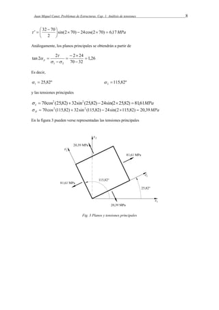 Juan Miquel Canet. Problemas de Estructuras. Cap. 1: Análisis de tensiones 8 
32 70      
sin(2 70) 24cos(2 70) 6,17MPa 
  
2 
 
 
   
Análogamente, los planos principales se obtendrán a partir de 
1,26 
2   
tan 2  
2 24 
70 32 
 
 
  
1 2 
 
 
 
 p 
Es decir, 
25,82º 1   115,82º 2   
y las tensiones principales 
MPa I   70cos2 (25,82) 32sin2 (25,82)  24sin(225,82)  81,61 
MPa II   70cos2 (115,82)  32sin2 (115,82)  24sin(2115,82)  20,39 
En la figura 3 pueden verse representadas las tensiones principales 
Fig. 3 Planos y tensiones principales 
 
