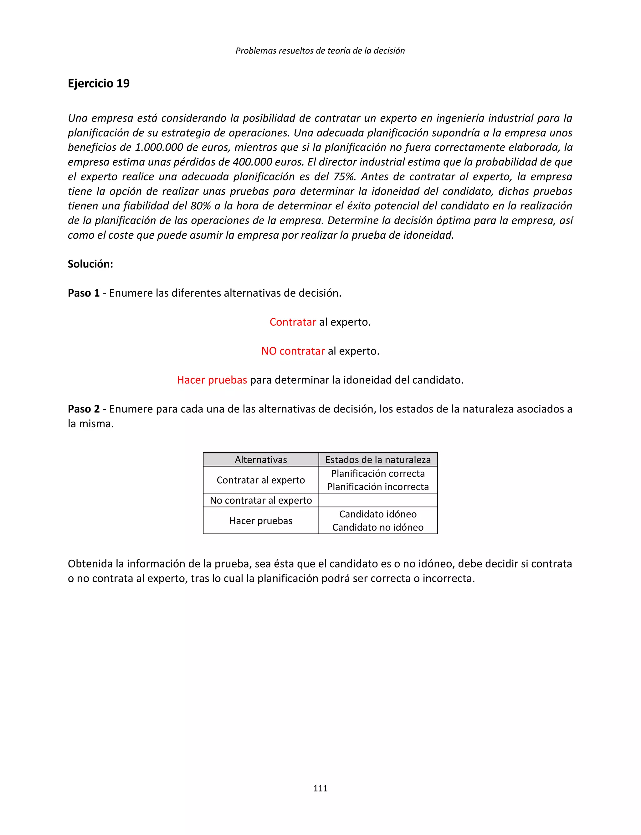 Problemas resueltos de teoría de la decisión
111
Ejercicio 19
Una empresa está considerando la posibilidad de contratar un experto en ingeniería industrial para la
planificación de su estrategia de operaciones. Una adecuada planificación supondría a la empresa unos
beneficios de 1.000.000 de euros, mientras que si la planificación no fuera correctamente elaborada, la
empresa estima unas pérdidas de 400.000 euros. El director industrial estima que la probabilidad de que
el experto realice una adecuada planificación es del 75%. Antes de contratar al experto, la empresa
tiene la opción de realizar unas pruebas para determinar la idoneidad del candidato, dichas pruebas
tienen una fiabilidad del 80% a la hora de determinar el éxito potencial del candidato en la realización
de la planificación de las operaciones de la empresa. Determine la decisión óptima para la empresa, así
como el coste que puede asumir la empresa por realizar la prueba de idoneidad.
Solución:
Paso 1 - Enumere las diferentes alternativas de decisión.
Contratar al experto.
NO contratar al experto.
Hacer pruebas para determinar la idoneidad del candidato.
Paso 2 - Enumere para cada una de las alternativas de decisión, los estados de la naturaleza asociados a
la misma.
Alternativas Estados de la naturaleza
Contratar al experto
Planificación correcta
Planificación incorrecta
No contratar al experto
Hacer pruebas
Candidato idóneo
Candidato no idóneo
Obtenida la información de la prueba, sea ésta que el candidato es o no idóneo, debe decidir si contrata
o no contrata al experto, tras lo cual la planificación podrá ser correcta o incorrecta.
 