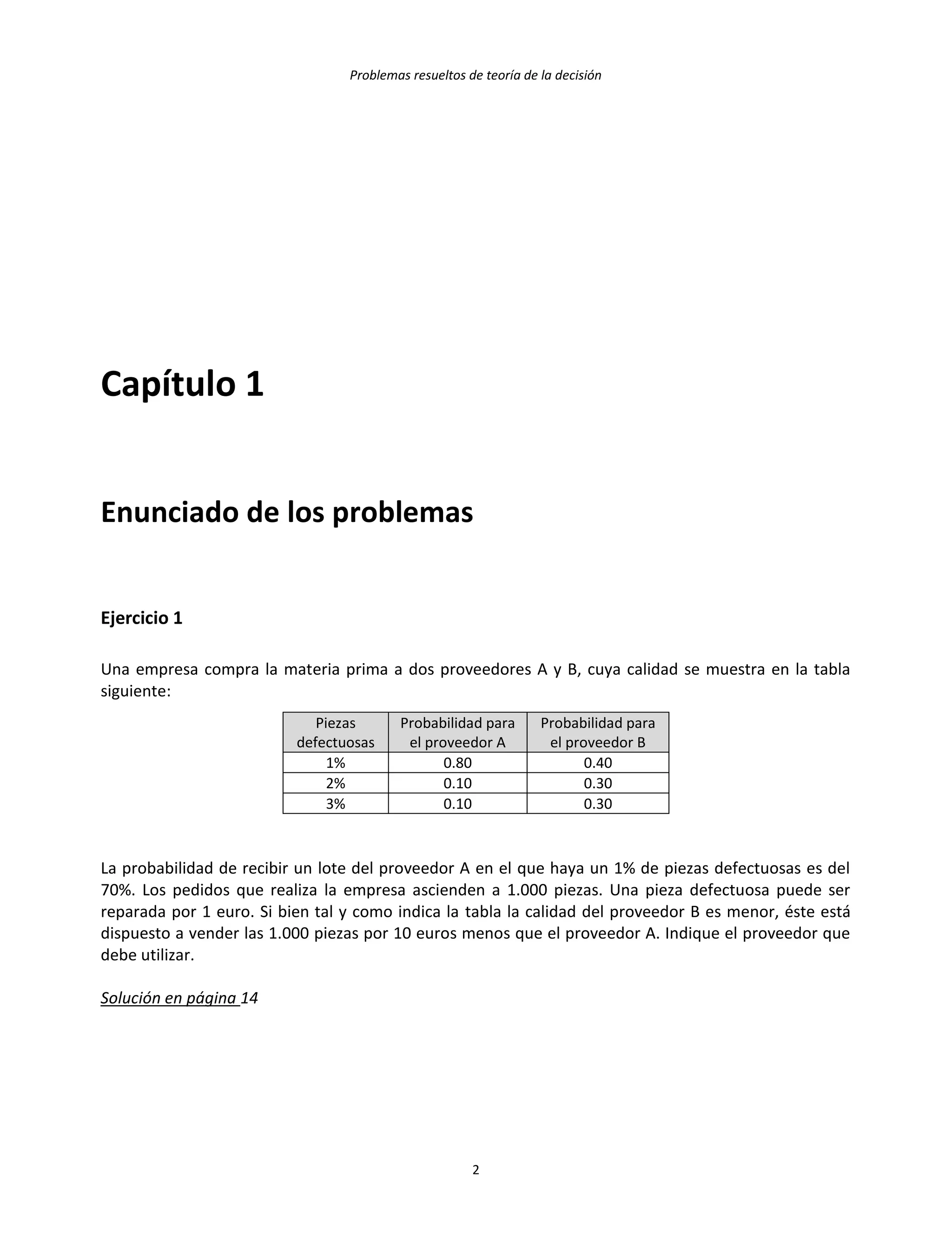 Problemas resueltos de teoría de la decisión
2
Capítulo 1
Enunciado de los problemas
Ejercicio 1
Una empresa compra la materia prima a dos proveedores A y B, cuya calidad se muestra en la tabla
siguiente:
Piezas
defectuosas
Probabilidad para
el proveedor A
Probabilidad para
el proveedor B
1% 0.80 0.40
2% 0.10 0.30
3% 0.10 0.30
La probabilidad de recibir un lote del proveedor A en el que haya un 1% de piezas defectuosas es del
70%. Los pedidos que realiza la empresa ascienden a 1.000 piezas. Una pieza defectuosa puede ser
reparada por 1 euro. Si bien tal y como indica la tabla la calidad del proveedor B es menor, éste está
dispuesto a vender las 1.000 piezas por 10 euros menos que el proveedor A. Indique el proveedor que
debe utilizar.
Solución en página 14
 