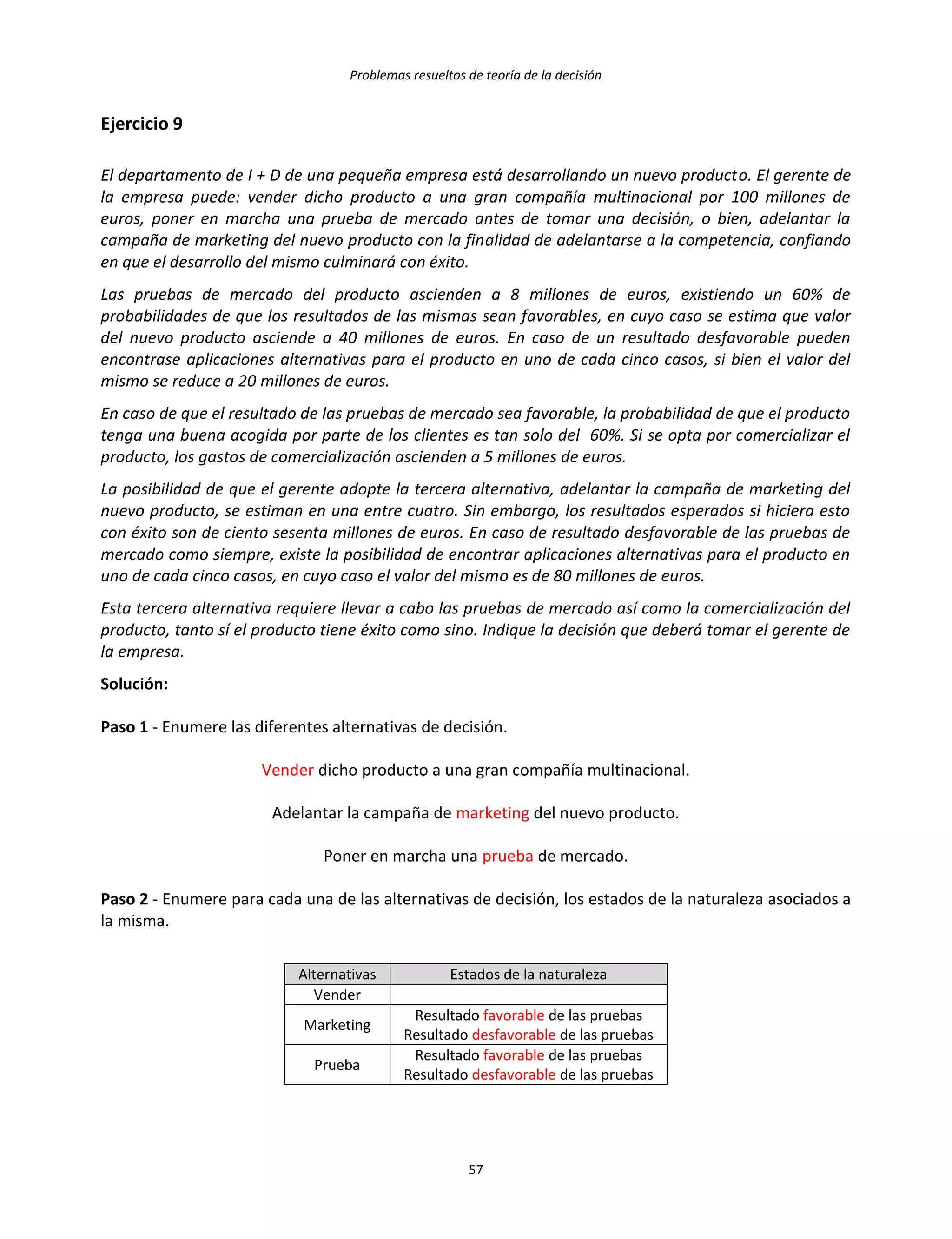 Problemas resueltos de teoría de la decisión
57
Ejercicio 9
El departamento de I + D de una pequeña empresa está desarrollando un nuevo producto. El gerente de
la empresa puede: vender dicho producto a una gran compañía multinacional por 100 millones de
euros, poner en marcha una prueba de mercado antes de tomar una decisión, o bien, adelantar la
campaña de marketing del nuevo producto con la finalidad de adelantarse a la competencia, confiando
en que el desarrollo del mismo culminará con éxito.
Las pruebas de mercado del producto ascienden a 8 millones de euros, existiendo un 60% de
probabilidades de que los resultados de las mismas sean favorables, en cuyo caso se estima que valor
del nuevo producto asciende a 40 millones de euros. En caso de un resultado desfavorable pueden
encontrase aplicaciones alternativas para el producto en uno de cada cinco casos, si bien el valor del
mismo se reduce a 20 millones de euros.
En caso de que el resultado de las pruebas de mercado sea favorable, la probabilidad de que el producto
tenga una buena acogida por parte de los clientes es tan solo del 60%. Si se opta por comercializar el
producto, los gastos de comercialización ascienden a 5 millones de euros.
La posibilidad de que el gerente adopte la tercera alternativa, adelantar la campaña de marketing del
nuevo producto, se estiman en una entre cuatro. Sin embargo, los resultados esperados si hiciera esto
con éxito son de ciento sesenta millones de euros. En caso de resultado desfavorable de las pruebas de
mercado como siempre, existe la posibilidad de encontrar aplicaciones alternativas para el producto en
uno de cada cinco casos, en cuyo caso el valor del mismo es de 80 millones de euros.
Esta tercera alternativa requiere llevar a cabo las pruebas de mercado así como la comercialización del
producto, tanto sí el producto tiene éxito como sino. Indique la decisión que deberá tomar el gerente de
la empresa.
Solución:
Paso 1 - Enumere las diferentes alternativas de decisión.
Vender dicho producto a una gran compañía multinacional.
Adelantar la campaña de marketing del nuevo producto.
Poner en marcha una prueba de mercado.
Paso 2 - Enumere para cada una de las alternativas de decisión, los estados de la naturaleza asociados a
la misma.
Alternativas Estados de la naturaleza
Vender
Marketing
Resultado favorable de las pruebas
Resultado desfavorable de las pruebas
Prueba
Resultado favorable de las pruebas
Resultado desfavorable de las pruebas
 
