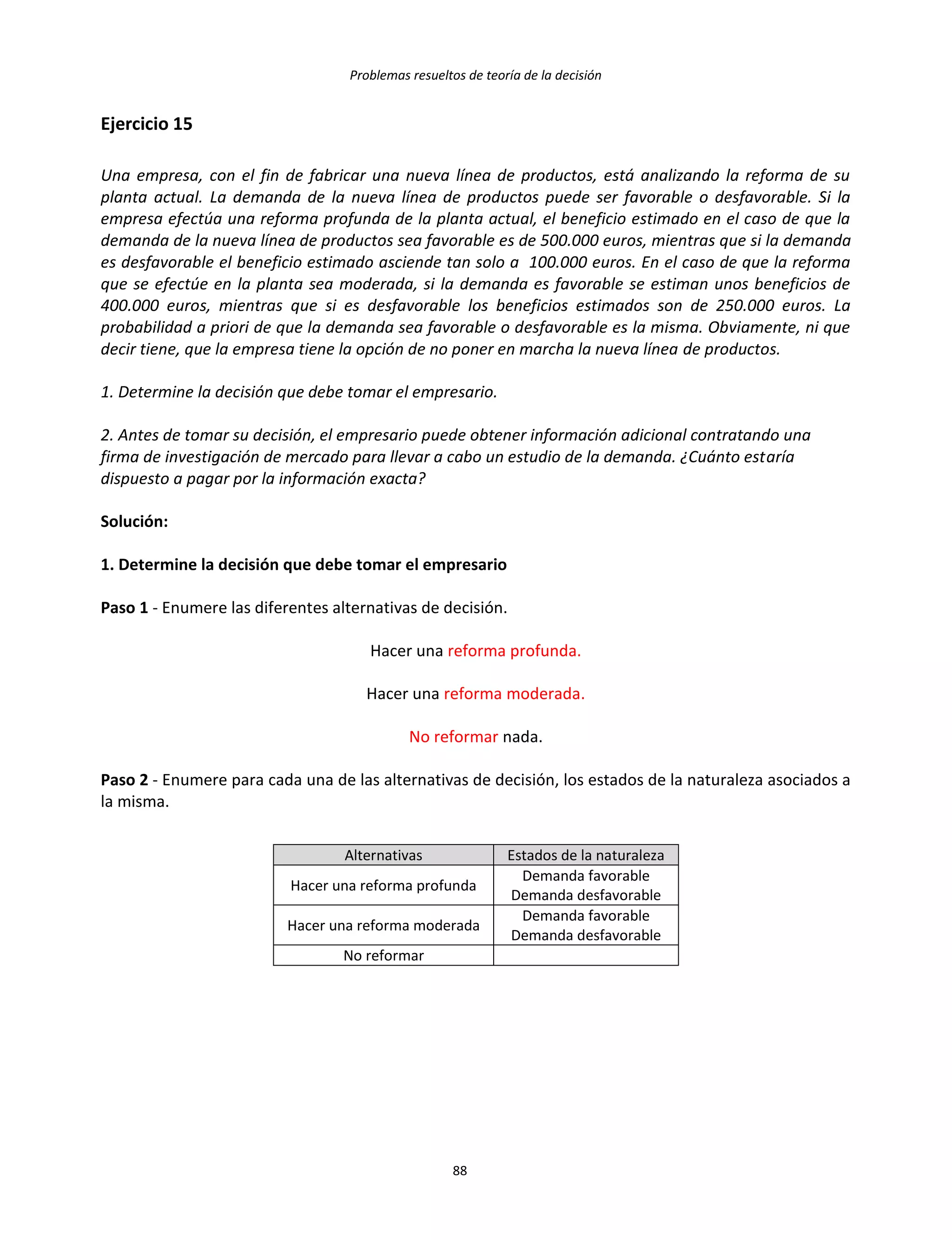 Problemas resueltos de teoría de la decisión
88
Ejercicio 15
Una empresa, con el fin de fabricar una nueva línea de productos, está analizando la reforma de su
planta actual. La demanda de la nueva línea de productos puede ser favorable o desfavorable. Si la
empresa efectúa una reforma profunda de la planta actual, el beneficio estimado en el caso de que la
demanda de la nueva línea de productos sea favorable es de 500.000 euros, mientras que si la demanda
es desfavorable el beneficio estimado asciende tan solo a 100.000 euros. En el caso de que la reforma
que se efectúe en la planta sea moderada, si la demanda es favorable se estiman unos beneficios de
400.000 euros, mientras que si es desfavorable los beneficios estimados son de 250.000 euros. La
probabilidad a priori de que la demanda sea favorable o desfavorable es la misma. Obviamente, ni que
decir tiene, que la empresa tiene la opción de no poner en marcha la nueva línea de productos.
1. Determine la decisión que debe tomar el empresario.
2. Antes de tomar su decisión, el empresario puede obtener información adicional contratando una
firma de investigación de mercado para llevar a cabo un estudio de la demanda. ¿Cuánto estaría
dispuesto a pagar por la información exacta?
Solución:
1. Determine la decisión que debe tomar el empresario
Paso 1 - Enumere las diferentes alternativas de decisión.
Hacer una reforma profunda.
Hacer una reforma moderada.
No reformar nada.
Paso 2 - Enumere para cada una de las alternativas de decisión, los estados de la naturaleza asociados a
la misma.
Alternativas Estados de la naturaleza
Hacer una reforma profunda
Demanda favorable
Demanda desfavorable
Hacer una reforma moderada
Demanda favorable
Demanda desfavorable
No reformar
 