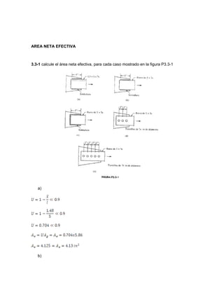 AREA NETA EFECTIVA
3.3-1 calcule el área neta efectiva, para cada caso mostrado en la figura P3.3-1
a)
b)
 