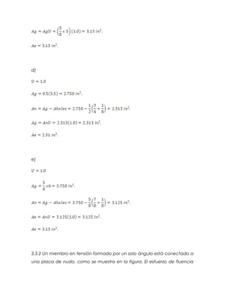 d)
e)
3.3.2 Un miembro en tensión formado por un solo ángulo está conectado a
una placa de nudo, como se muestra en la figura. El esfuerzo de fluencia
 