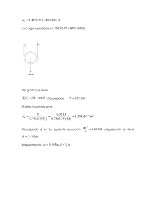 ftlbwu /3.104)53.74(4.1 ==
La carga soportada es: 104.3lb/ft x 10ft=1043lb
Del grafico se tiene
10432 −=∑ TFy Despejando lbT 5.521=
El área requerida seria:
22
10598.1
)58)(75.0(75.0
5215.0
)75.0(75.0
inx
F
T
A
u
u
b
−
===
Despejando d en la siguiente ecuación 01598.0
4
2
=
dπ
despejando se tiene
ind 143.0=
Requerimiento indind 8
5,143.0 ==
 