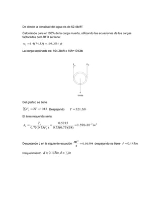 De donde la densidad del agua es de 62.4lb/ft3
.
Calculando para el 100% de la carga muerta, utilizando las ecuaciones de las cargas
factoradas del LRFD se tiene:
ftlbwu /3.104)53.74(4.1 ==
La carga soportada es: 104.3lb/ft x 10ft=1043lb
Del grafico se tiene
10432 −=∑ TFy Despejando lbT 5.521=
El área requerida seria:
22
10598.1
)58)(75.0(75.0
5215.0
)75.0(75.0
inx
F
T
A
u
u
b
−
===
Despejando d en la siguiente ecuación 01598.0
4
2
=
dπ
despejando se tiene ind 143.0=
Requerimiento indind 8
5,143.0 ==
 