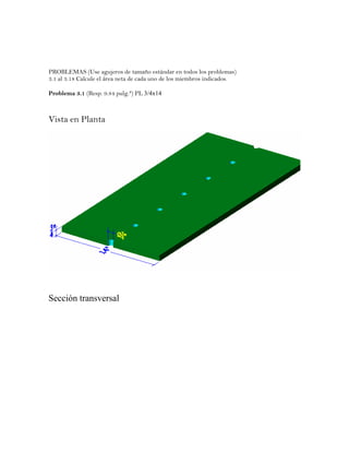 PROBLEMAS (Use agujeros de tamaño estándar en todos los problemas)
3.1 al 3.18 Calcule el área neta de cada uno de los miembros indicados.
Problema 3.1 (Resp. 9.84 pulg.²) PL 3/4x14
Vista en Planta
Sección transversal
 