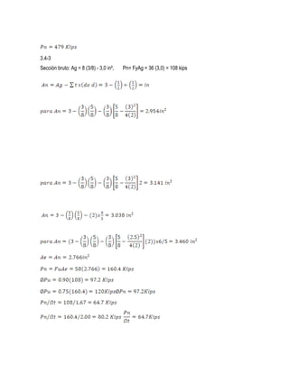 3.4-3
Sección bruto: Ag = 8 (3/8) - 3,0 in², Pn= FyAg = 36 (3,0) = 108 kips
 