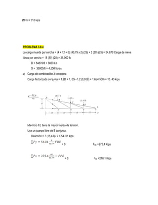 ØtPn = 318 kips
PROBLEMA 3.8.4
La carga muerta por cercha = (4 + 12 + 6) (40,79 x 2) (25) + 5 (80) (25) = 54,870 Carga de nieve
libras por cercha = 18 (80) (25) = 36,000 lb
D = 54870/8 = 6859 Lb
S = 36000/8 = 4,500 libras
a) Carga de combinación 3 controles:
Carga factorizada conjunta = 1.2D + 1, 6S - 1,2 (6,859) + 1,6 (4.500) = 15. 43 kips
Miembro FE tiene la mayor fuerza de tensión.
Use un cuerpo libre de E conjunta:
Reacción = 7 (15,43) / 2 = 54. 01 kips
= 0 FDE =275.4 Kips
= 0 FFE =210.1 Kips
 